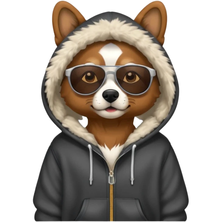 A dog wearing a hoodie with sunglasses  emoji