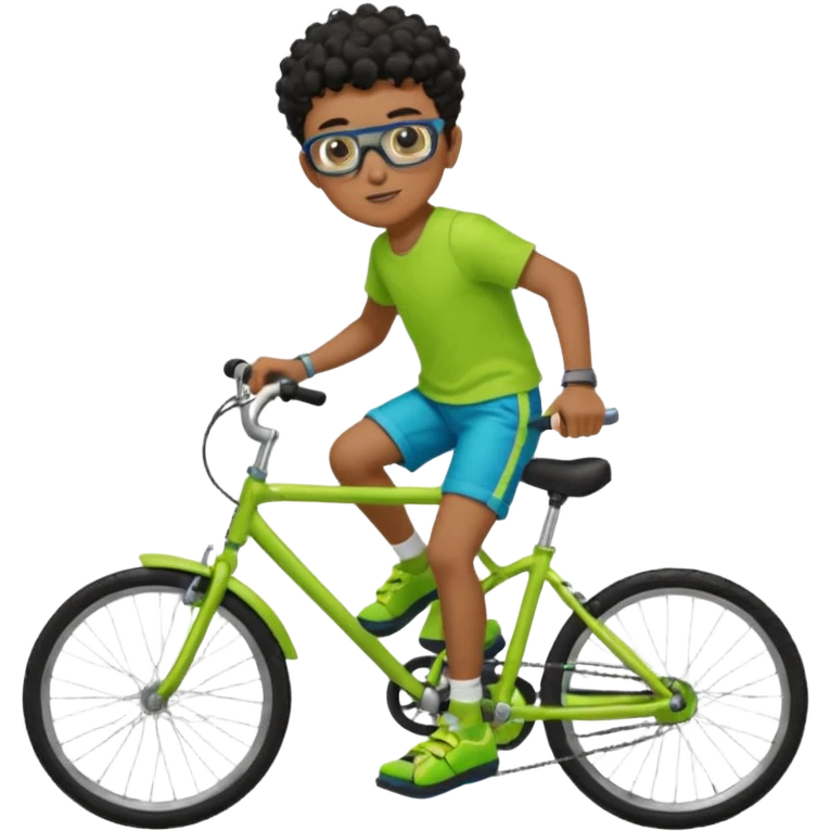 Menino pardo com cabelo curto cacheado preto raspado dos lados, de óculos preto quadrado e blusa verde e amarela bermuda preta e chinelo azul andando de biblicleta verde neon emoji