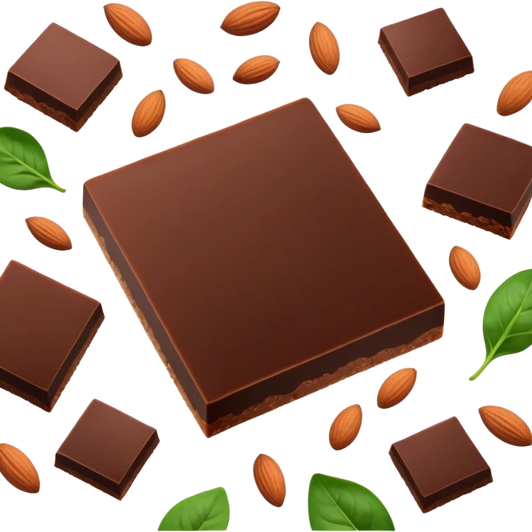 Relaxed body silhouette surrounded by floating food: several large, shiny dark chocolate squares prominently featured, along with spinach leaves, almonds, and seeds. Gentle light connecting these foods to muscles and nervous system, creating a calming effect throughout the body. emoji