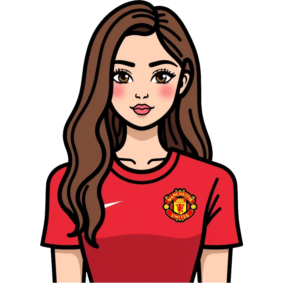Cute girl with long straight brown hair, brown eyes with mascara, makeup, wearing a Manchester United red football kit emoji