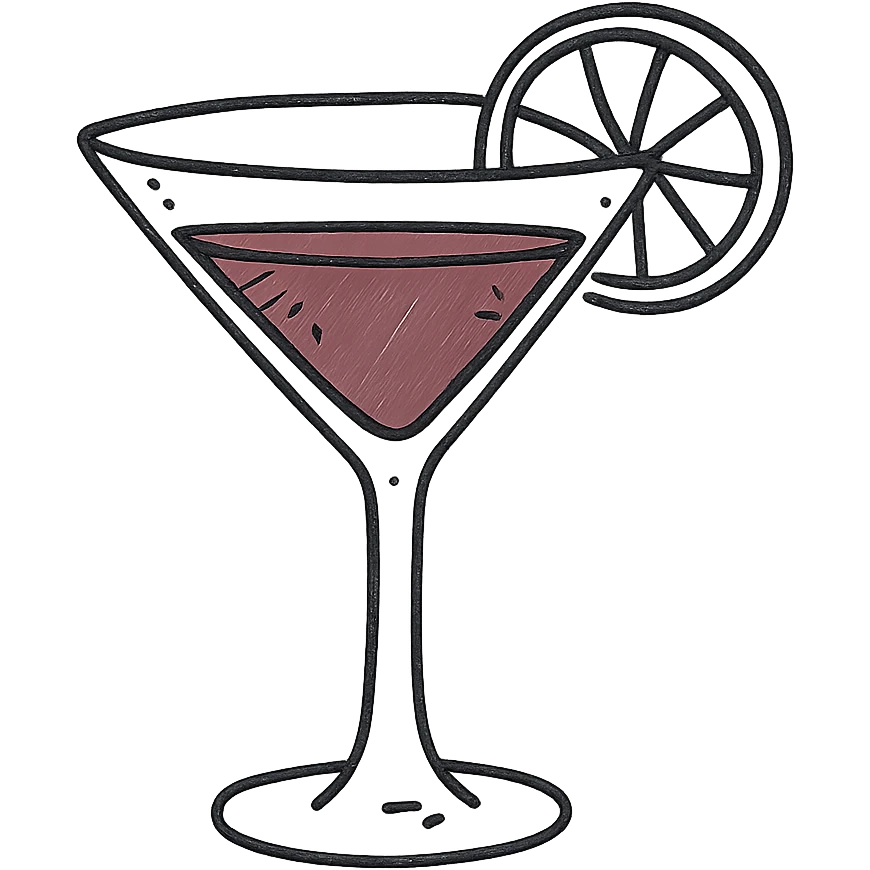 cocktail glass with burgundy drink and a slice of orange, hand drawn style emoji