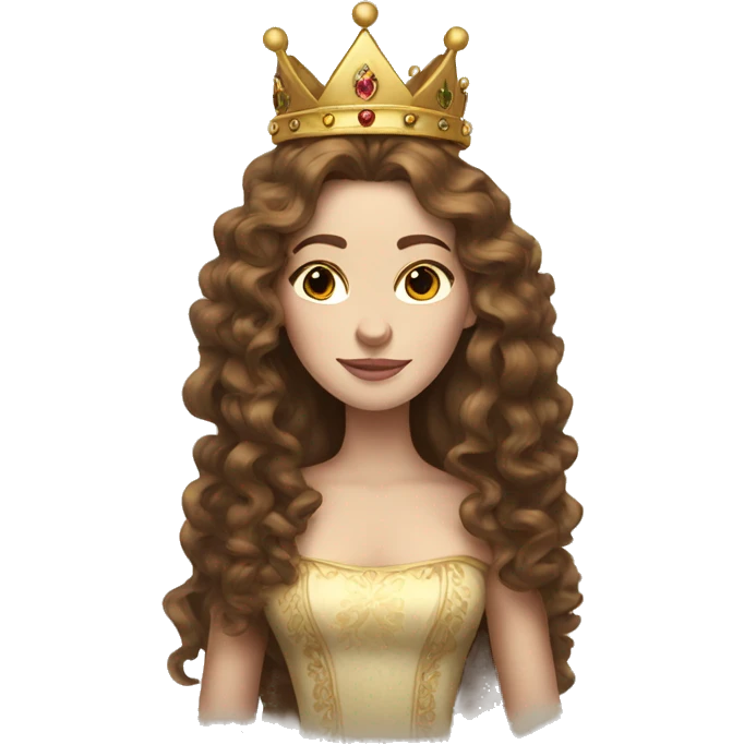 Queen with a crown, pale skin, long brown curly hair emoji