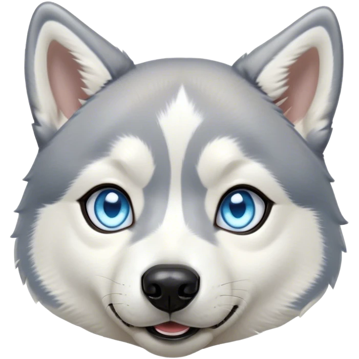 Cinematic Cute Siberian Husky Portrait Emoji, Head tilted playfully and inquisitively, featuring a lush grey and white coat with striking accents, round, sparkling icy blue eyes filled with curiosity, Simplified yet irresistibly adorable features, highly detailed, glowing with a crisp, friendly glow, high shine, affectionate and lively, stylized with a touch of whimsy, bright and endearing, soft glowing outline, capturing the essence of a mischievous yet loving pup, so playful it feels like it could dash out of the screen and into your arms! emoji