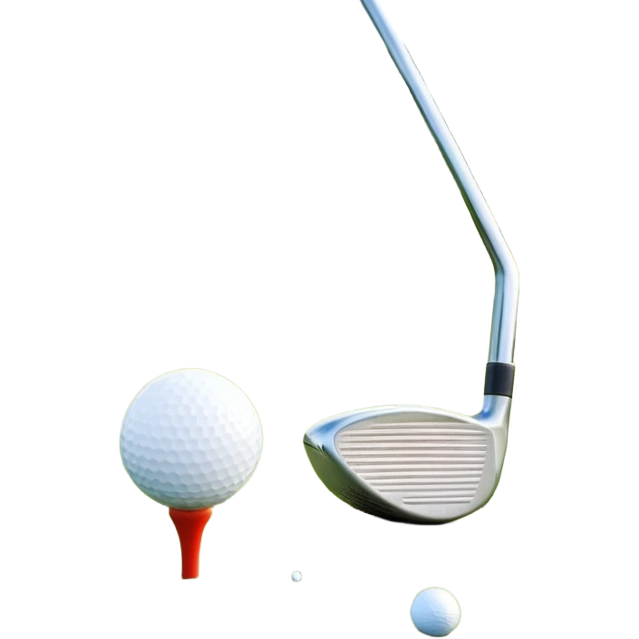 A golf ball on a tee with a golf club placed beside it, set against the backdrop of a well-manicured green golf course. The scene emphasizes the equipment and serene atmosphere of the sport, with soft lighting and a peaceful, open landscape emoji
