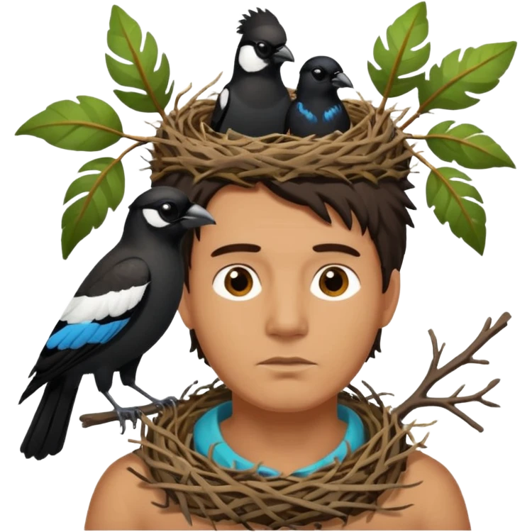 A man who has a magpie birds nest on top of his head for hair emoji
