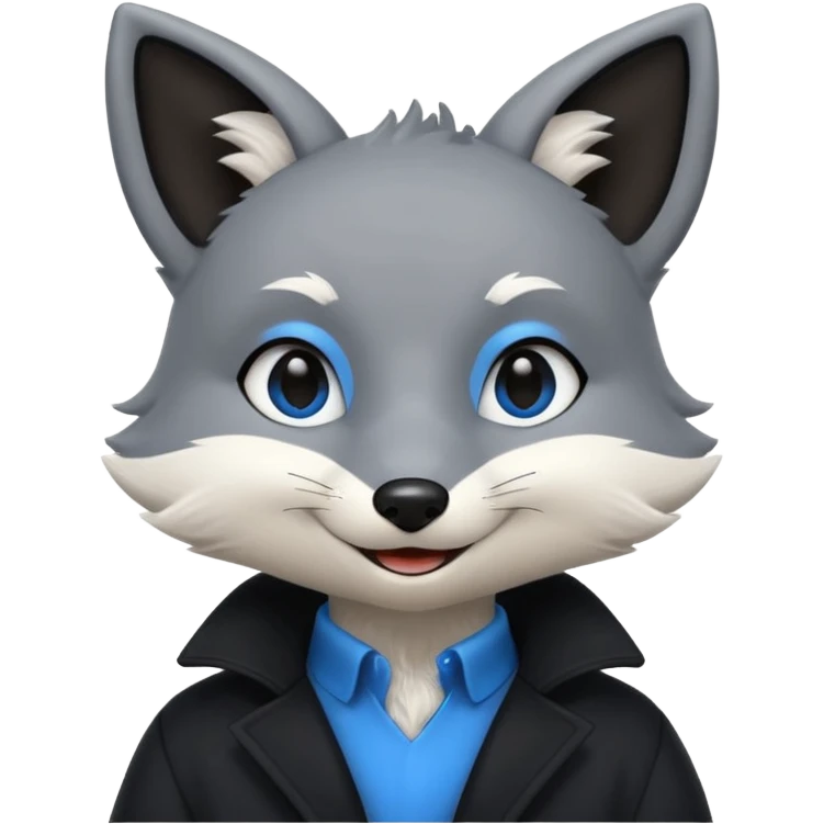 Grey anthropomorphic furry fox with a black coat, blue eyes, and a small fringe of black hair, smiling emoji