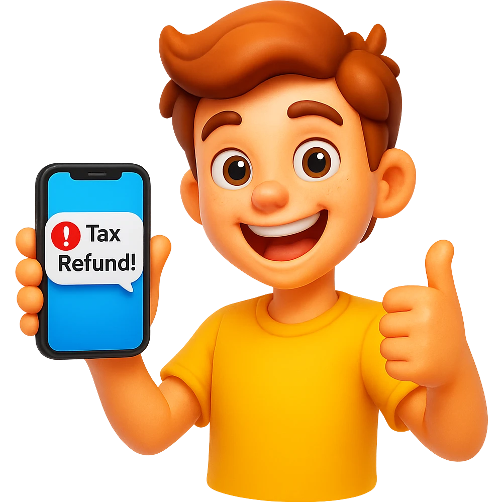 cheerful cartoon teenager holding a phone with 'Tax Refund!' notification, vibrant colors, 3D emoji style, transparent background emoji