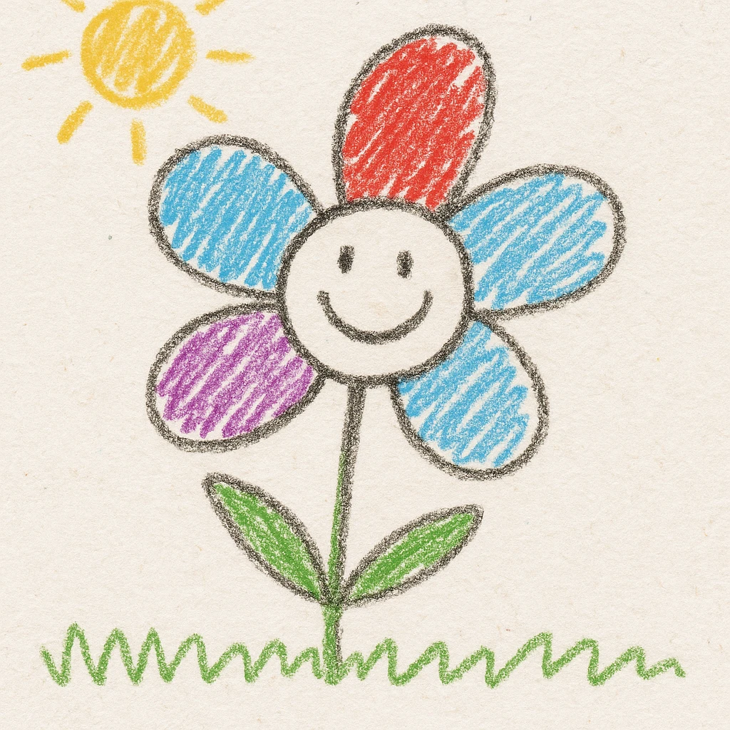a flower with five petals and a happy face, children's doodle style emoji
