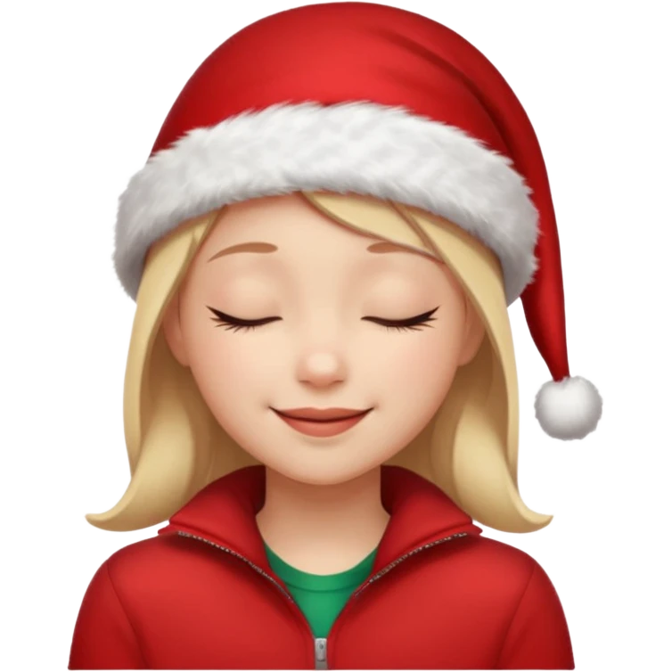Girl Smiling with closed eyes in a red Christmas hat emoji