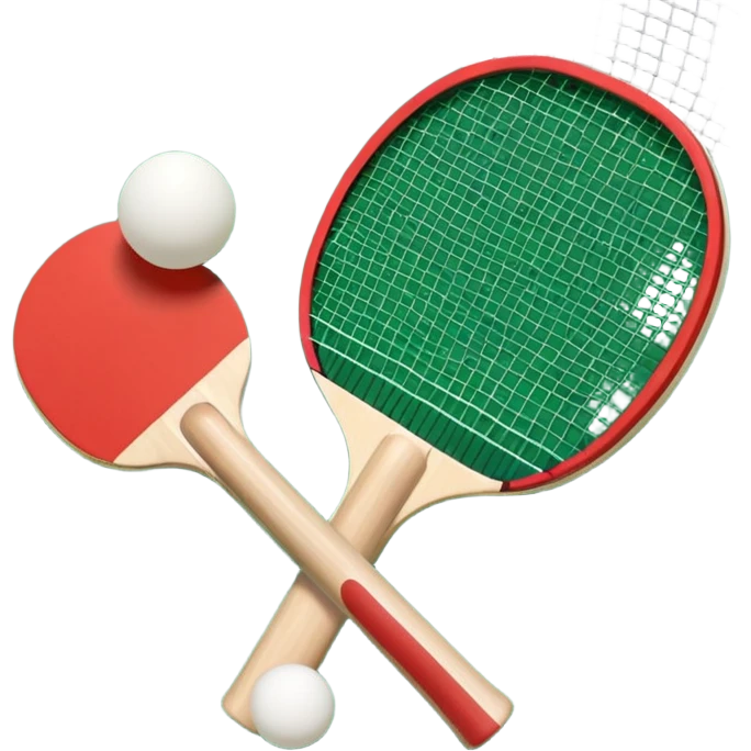 Two table tennis paddles and a ball placed on a ping pong table, with the net in the background. The scene conveys the simplicity and focus of the sport, with vibrant colors highlighting the rackets and ball on the smooth surface of the table. emoji