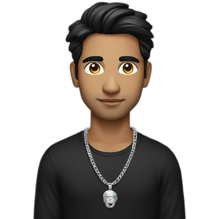 A strong Indian Hindu man wearing men silver chain,styled on a Full sleeve black tshirt,black hair white skin emoji