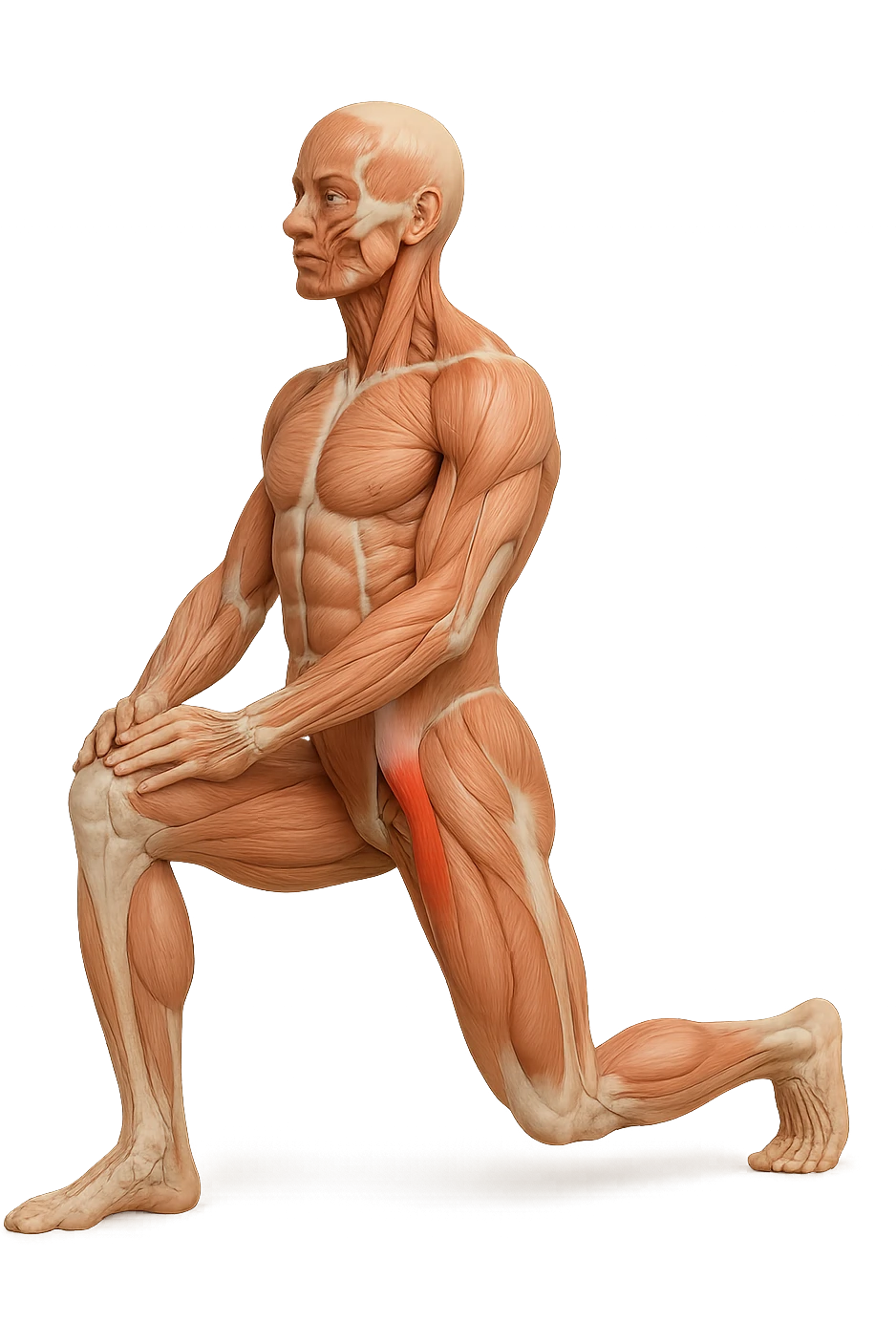 corpo umano anatomico realistico che fa stretching allungando il muscolo PSOAS, isolato su sfondo bianco emoji