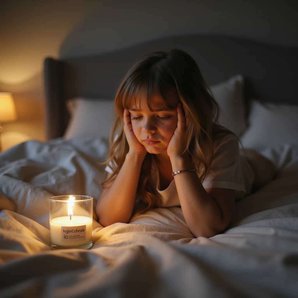 realistic image of a girl in a bedroom, looking sad, then smelling a scent from a candle or diffuser, her mood changing to relaxed emoji