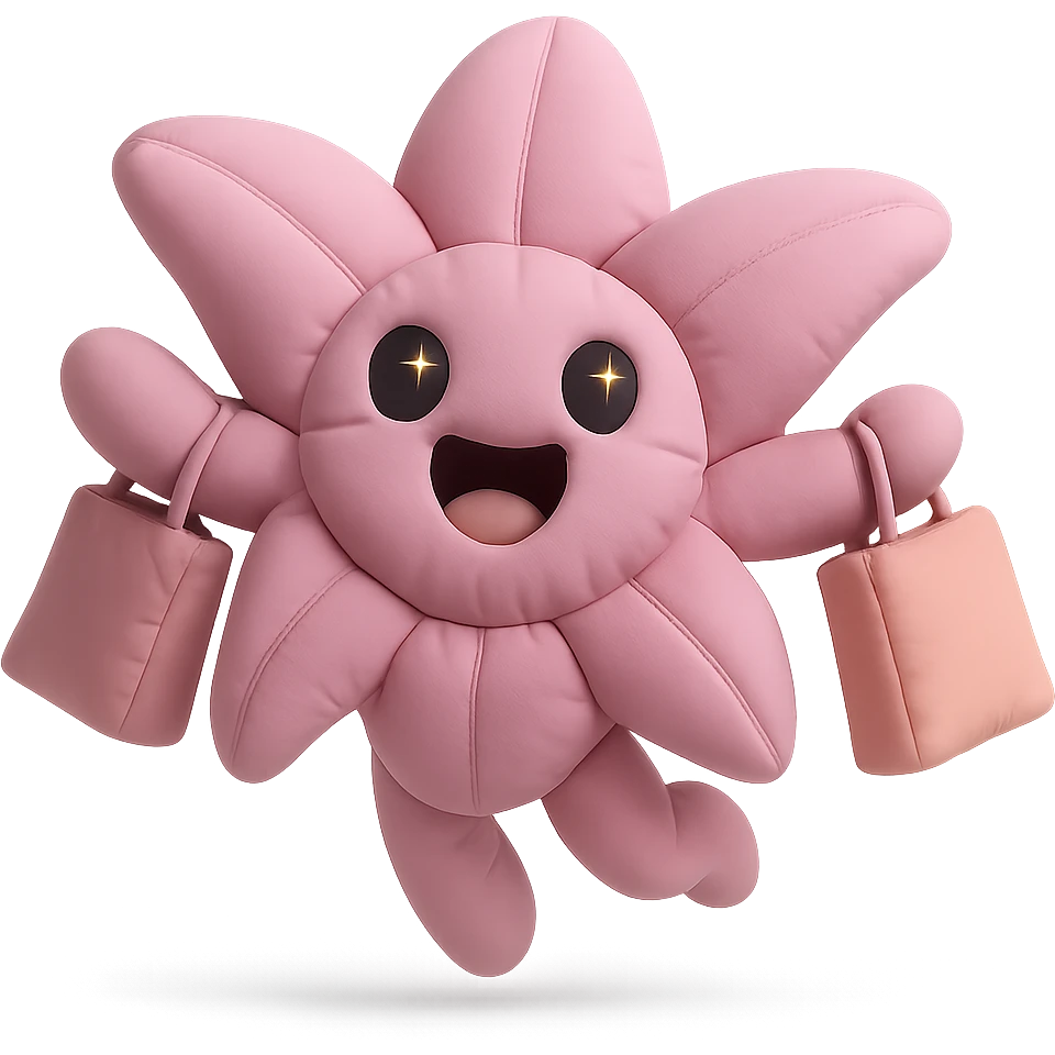 pastel magenta lily flower with sparkling eyes and open mouth, jumping with joy while holding shopping bags, round and bouncy, cushion style emoji