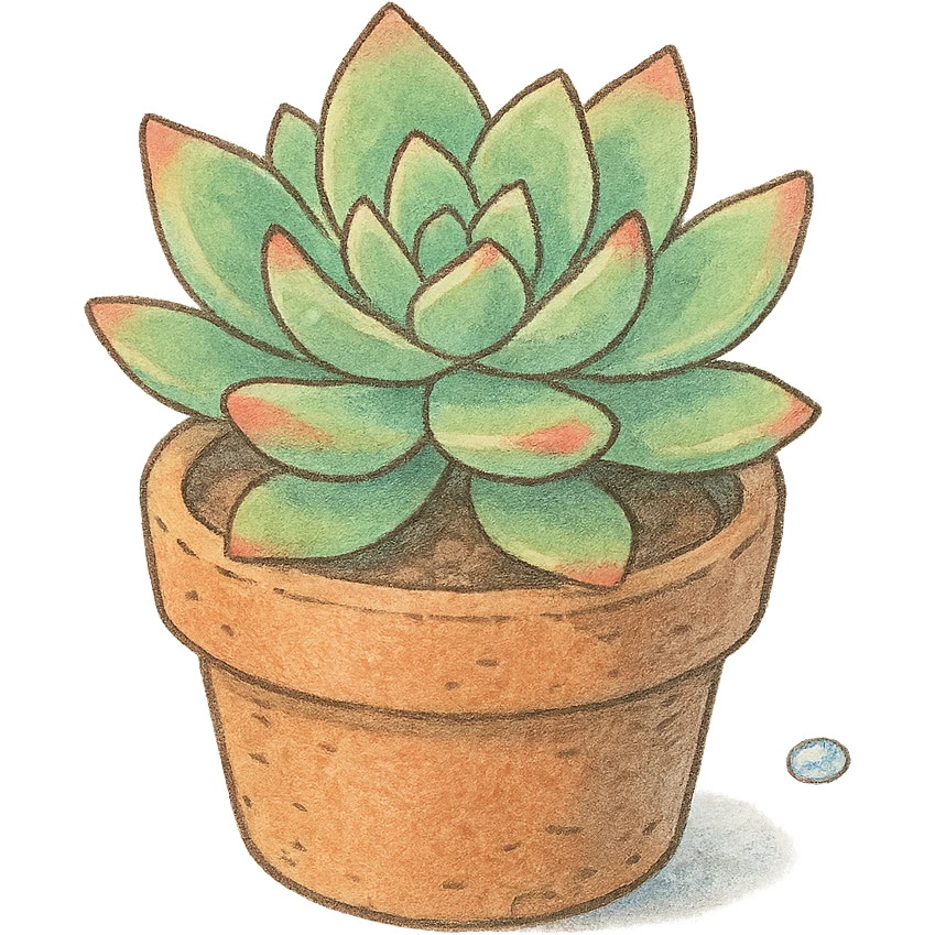 small potted succulent plant, Japanese pastel hand-drawn, full object, transparent background, with a tiny dew drop emoji