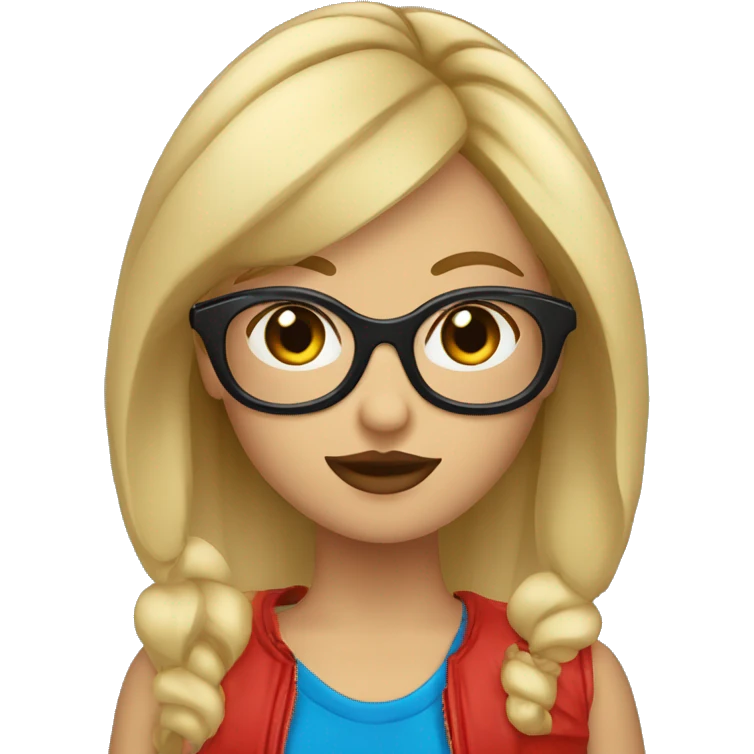 Chica rubia con pelo corto ojos azules y gafas de color negro y rojoazules  emoji