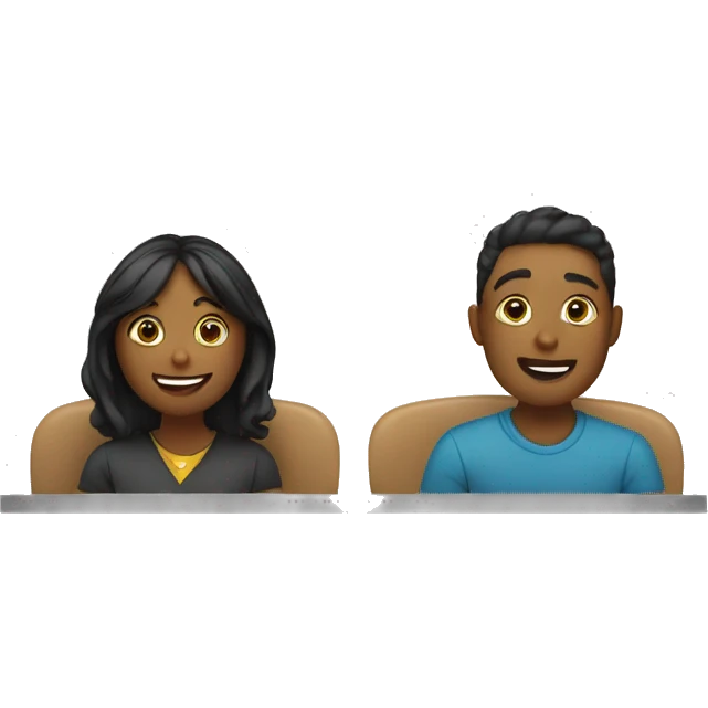 2 students sitting at desks and speaking to each other. emoji