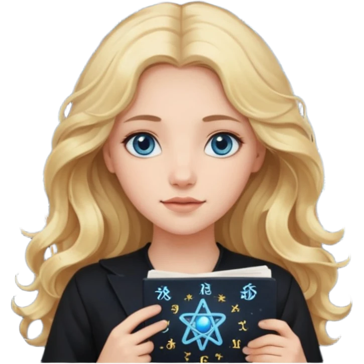 A long wavy haired blonde girl with blue eyes, wearing black, holding astrology natal chart. emoji