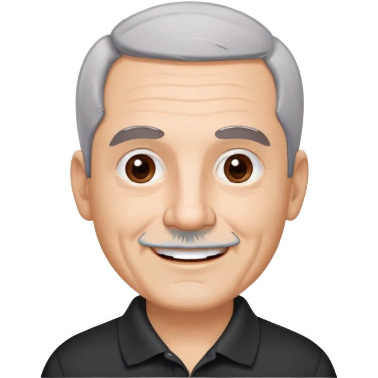 Puerto Rican older man with round face, wide jaw, light skin. Expressive dark brown eyes, thick eyebrows. Short gray hair with receding hairline. Light gray stubble beard. Friendly smile. Wearing a black polo shirt. emoji