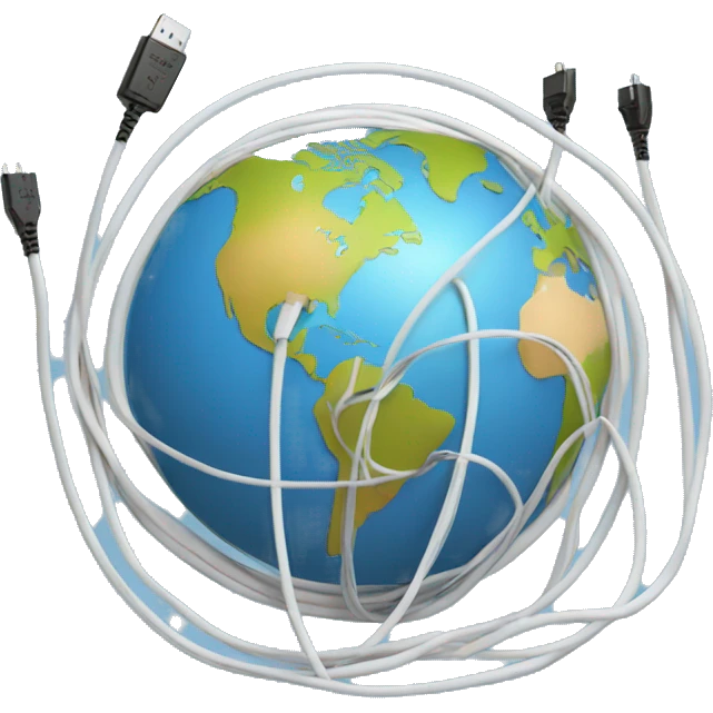 A series of connected cables around a globe emoji