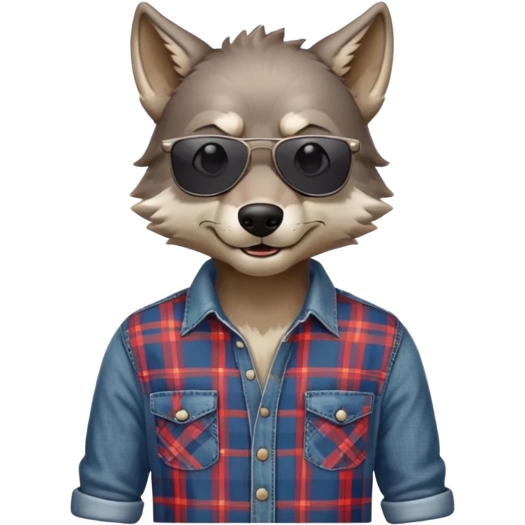 head and shoulders friendly anthropomorphised wolf in plaid shirt and jeans, wearing dark sunglasses, upright pose emoji