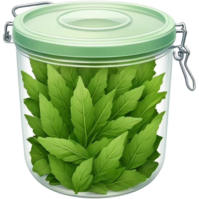 small plastic container with green dried herbal leaves which are clumped together emoji