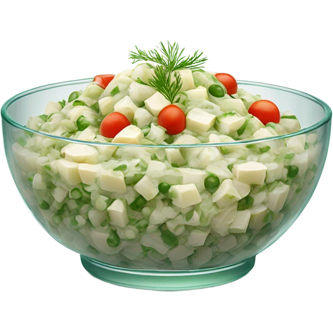 russian salad olivier on a crystal bowl, dill on top of a dish, view from the side  emoji