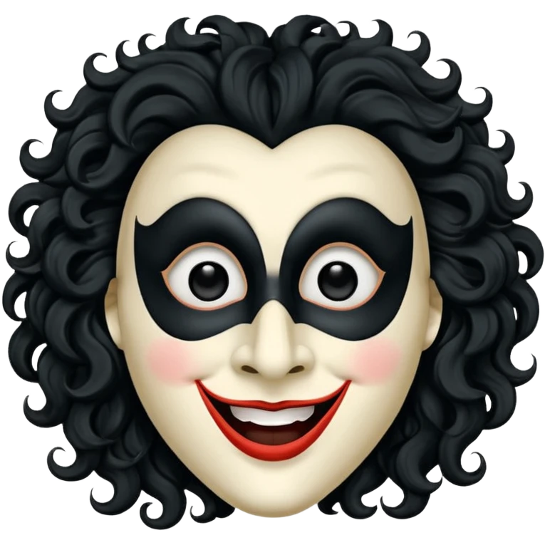 generate theatre mask emoji with a big curly black hair 

wide black smile, long and pointy white nose, pitch black eyes emoji