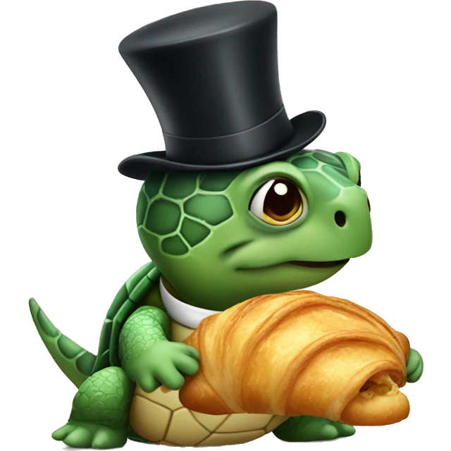 A turtle eating croissant wearing a top hat  emoji