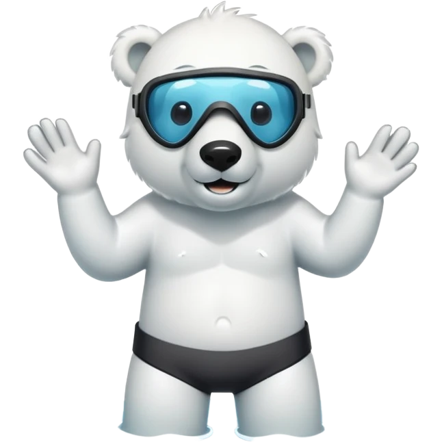 friendly anthropomorphised polar bear standing in a puddle of water, wearing board shorts, scuba mask over eyes with snorkel tube emoji