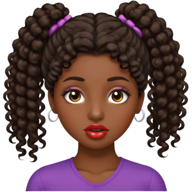 emoji sucking its lips in with one eyebrow up and the other one down dark skin and curly hair in one ponytail with eyelashes up to her hair emoji