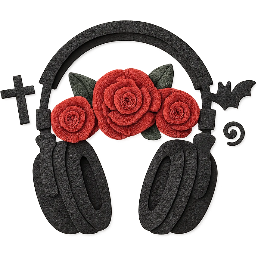 black gothic headphones with layered paper roses and gothic motifs emoji
