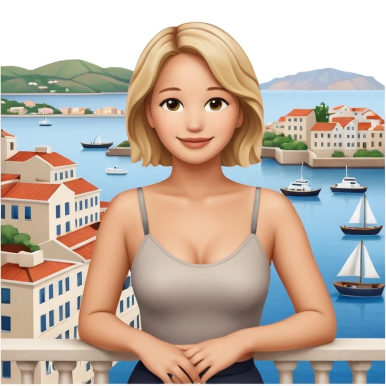 jennifer lawrence, leaning on a balcony with a harbor and cityscape in the background, smiling, closeup emoji
