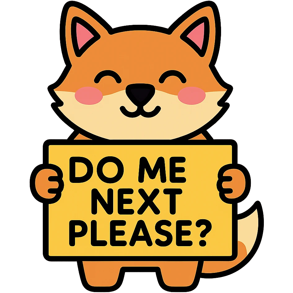 blushing fox holding a sign with the text 'do me next please?' color outline icon style emoji