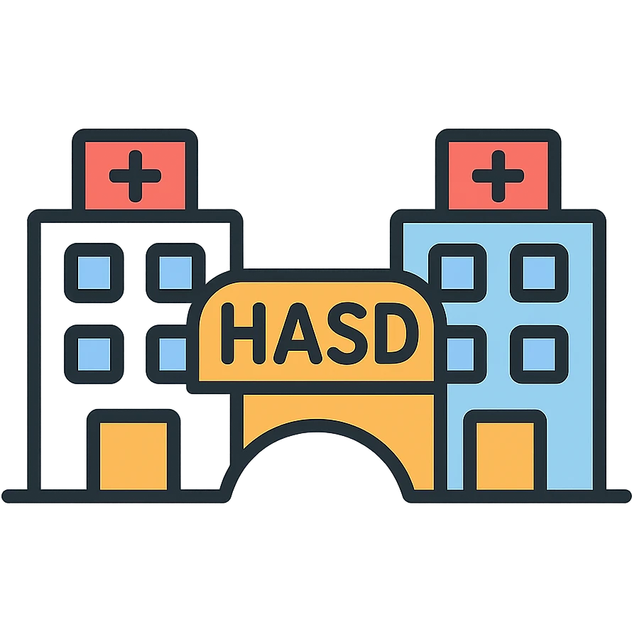minimal modern icon style of a bridge connecting two different hospitals with the text 'HASD' standing on the bridge, easy to read text emoji