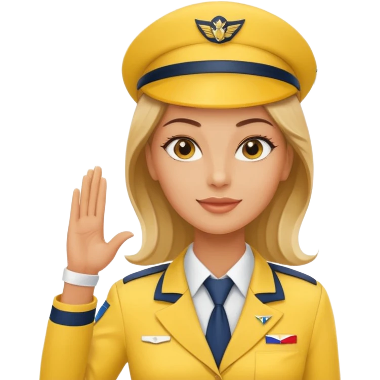 stewardess and airplane behind the stewardess yellow with hand salute emoji