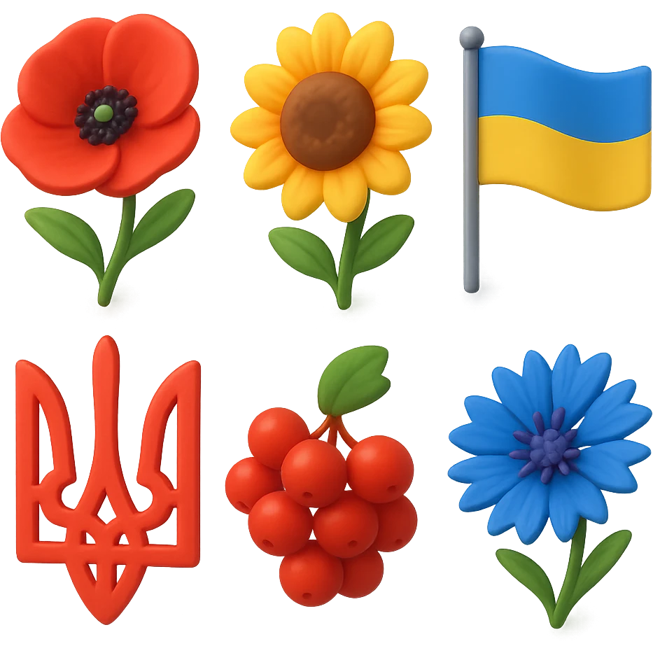 3D icon set in painted style: poppy, sunflower, Ukrainian flag, trident, viburnum, cornflower, bread, stork, Ukrainian house. Grid 2x3, organic spacing, transparent background. emoji