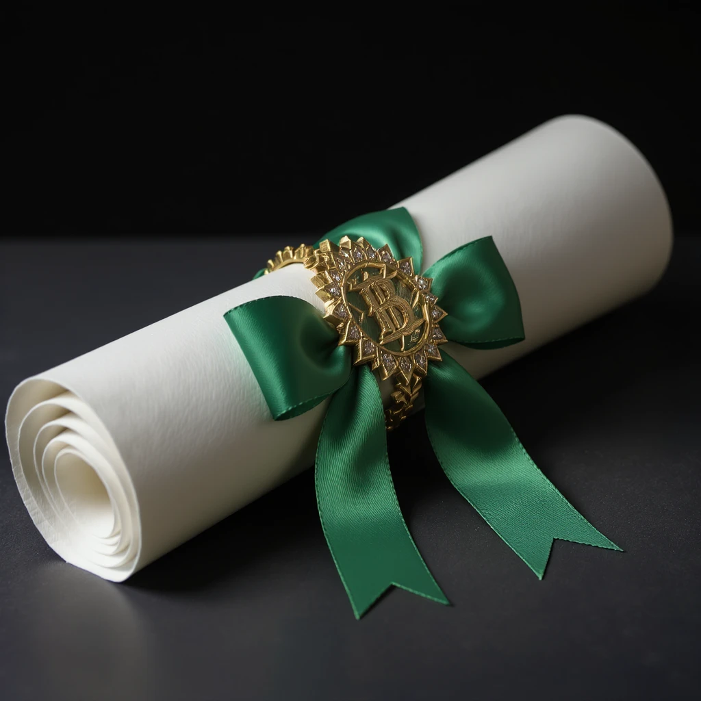 rolled up diploma, professional style, green gold and white color scheme, bold and clear, suitable for digital use emoji
