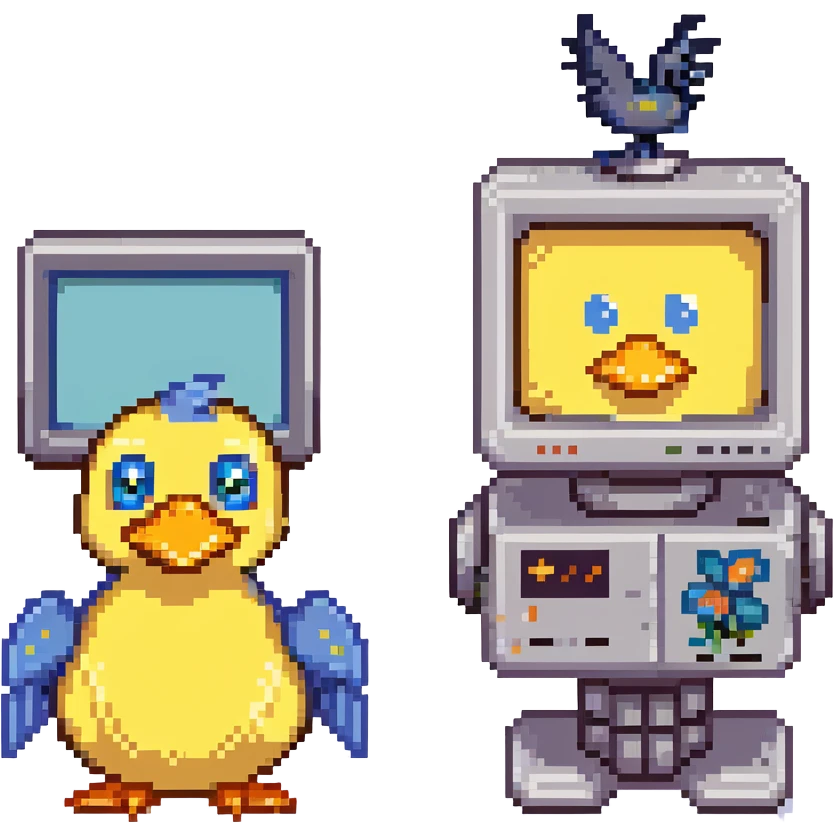 pixel art style, 16-bit retro game look, smiling CRT monitor robot with small arms, standing beside playful yellow duck with big eyes, orange beak, fluffy feathers, blue bowtie, pixel gradient sky and clouds in background, warm, cheerful, clean pixel lines, isometric or side view emoji