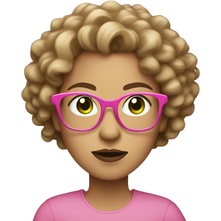 light skinned woman with light brown curly hair, green eyes, and oversized pink glasses shrugging emoji
