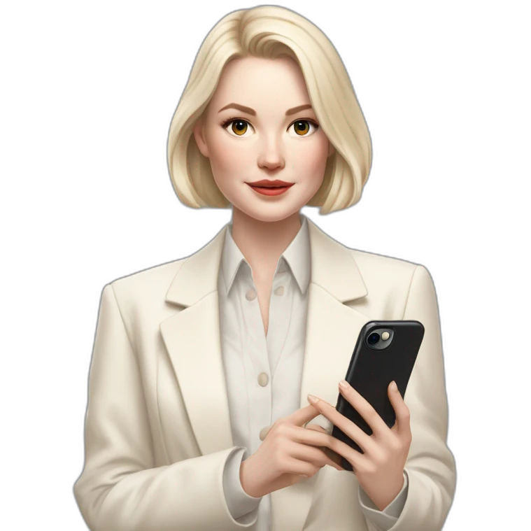 pale skin woman with ash blonde Straightened bob Hair, White Spacious classical jacket, beige palazzo Arrow pants and gray blouse holding white IPhone 15 pro in the hands emoji