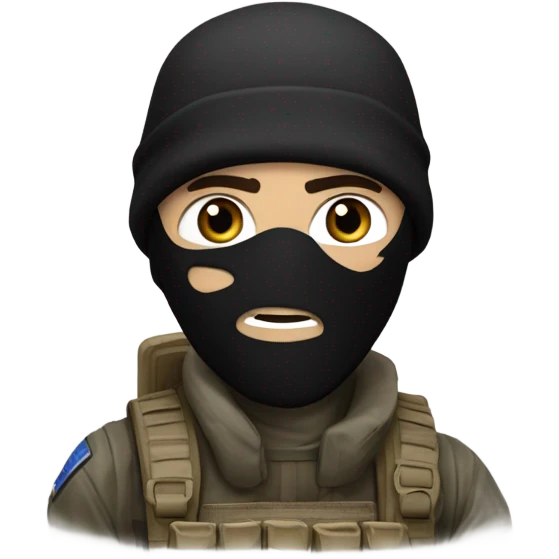 White male, call of duty black mask, camo tactical gear, tan combat boots, black beanie, blue eyes emoji
