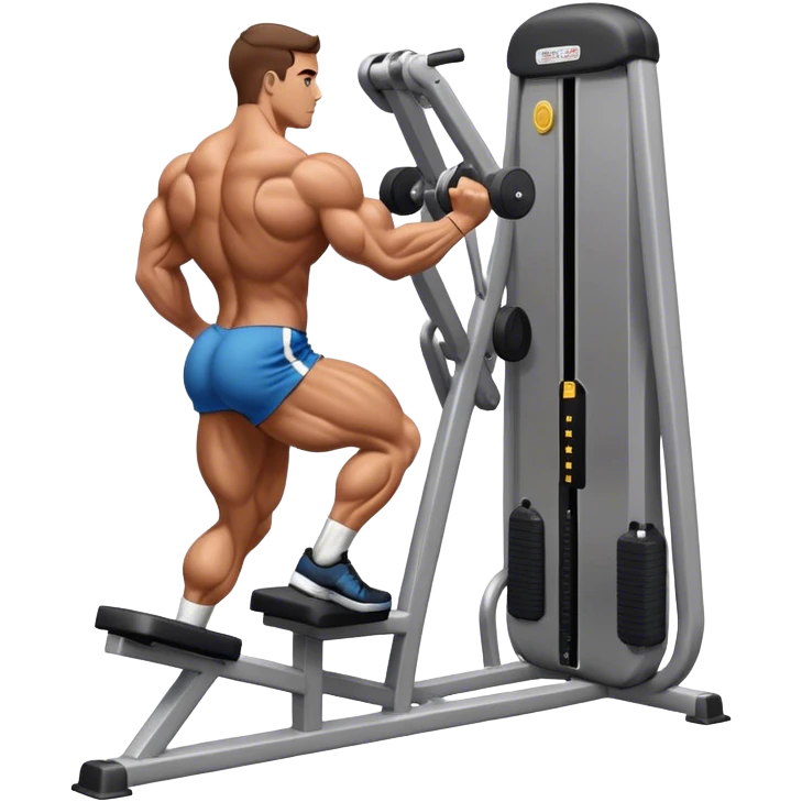 side-view bodybuilder using gym calf-raise machine emoji