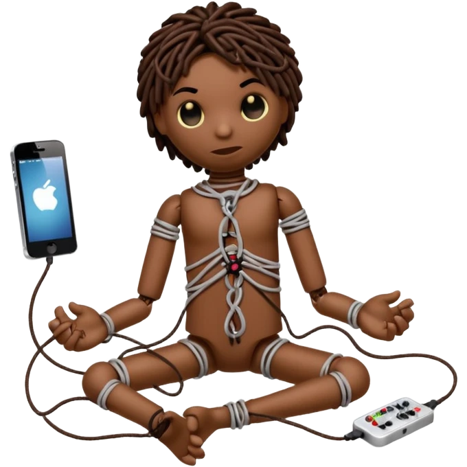 voodoo doll tightly bound with tangled AUX cables. emoji