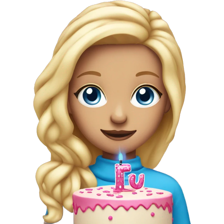 Blonde girl with blue eyes holding a pink birthday cake  emoji