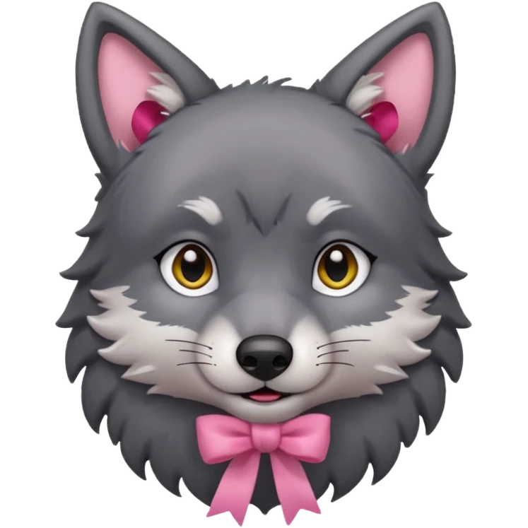 Pleading Face cute dark grey wolf with a pink ribbon io his ear emoji