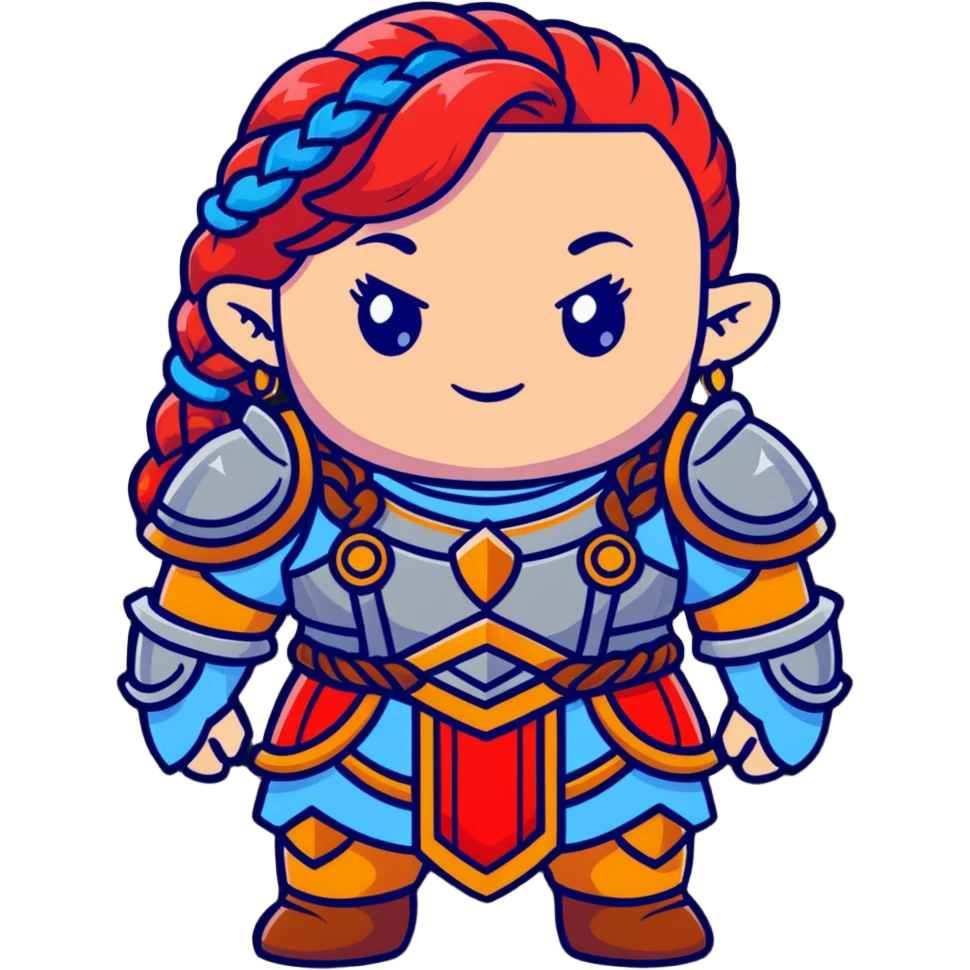 female dwarf from Lineage 2 with braided red hair, stocky build, wearing fantasy armor and jewelry emoji