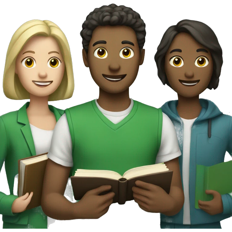 white three people in green clothes holding books emoji