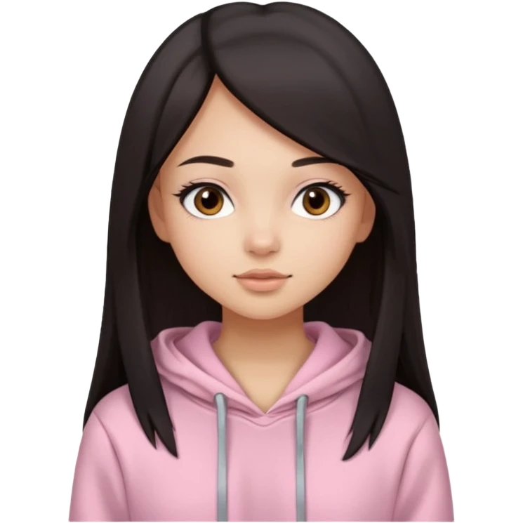 A pretty girl with light skin and long straight black brown hair, wearing a very light pink basic hoodie with brown eyes and makeup and a round face emoji