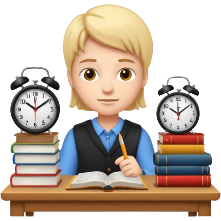 emoji student studying hard with books and clock, motivated, white background emoji